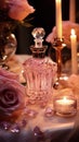 Romantic Pink Perfume Bottle with Diamonds on Candlelit Dinner Table