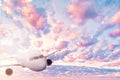 Romantic pink sky with clouds and white plane. Travel, holidays and honeymoon background Royalty Free Stock Photo