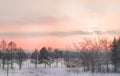 Romantic pink sunset, sky view, city Park and houses, winter landscape, Russia, Siberia Royalty Free Stock Photo