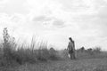 Romantic portrait of bohemian blonde in field of grass Royalty Free Stock Photo