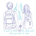 Young couple of backpackers holding hands, back view