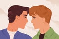 Romantic portrait of homosexual couple in love. Young men looking at each other. Concept of tenderness, romance and