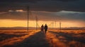 Romantic Post-apocalyptic Landscape: Couple Walking Away From Power Line