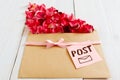 Romantic post message with flower petals, closeup Royalty Free Stock Photo