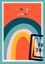 Romantic postage stamps. envelopes and cards for valentine`s day. Top-down view. Modern vector illustration for web design and