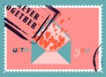 Romantic postage stamps. envelopes and cards for valentine`s day. Top-down view. Modern vector illustration for web design and