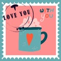 Romantic postage stamps. envelopes and cards for valentine`s day. Top-down view. Modern vector illustration for web design and