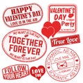 Romantic postal stamps. A set of Valentine`s Day grunge stamps Royalty Free Stock Photo