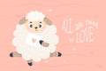 Romantic poster with cute sheep with love letter. Vector illustration in cartoon flat style. Cool horizontal card Royalty Free Stock Photo