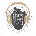 Romantic poster with human heart, headphones, and lettering. Royalty Free Stock Photo