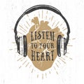 Romantic poster with human heart, headphones, and lettering. Royalty Free Stock Photo