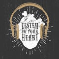 Romantic poster with human heart, headphones, and lettering. Royalty Free Stock Photo