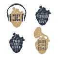 Romantic posters with human heart, headphones, gramophone horn vector illustration. Royalty Free Stock Photo