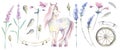 Romantic Provence graphic watercolor collection. Lavender, horse