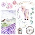 Romantic Provence graphic watercolor collection. Pastoral landsc