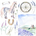 Romantic Provence graphic watercolor collection. Pastoral landsc