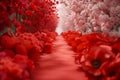 A romantic red garden path lined with red and pink flowers for Valentine\'s Day Royalty Free Stock Photo
