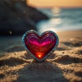 A romantic red heart shape on a sandy beach. Valentine\'s Day concept.