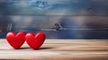 Romantic Red Hearts: A Flirty Display of Love on a Blue Wooden C