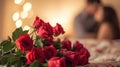 Romantic Red Roses Blurry Couple Kiss in Bedroom - Realistic Photo