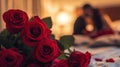 Romantic Red Roses Blurry Couple Kiss in Bedroom - Realistic Photo