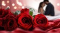 Romantic Red Roses Blurry Couple Kiss in Bedroom - Realistic Photo