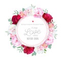 Romantic red, white and pink peonies, alstroemeria lily, eucalyptus leaves round vector frame