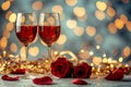 Romantic Red Wine and Roses Evening Setup,accompanied by soft bokeh lights,Generated AI Royalty Free Stock Photo