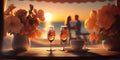 romantic relaxing sunset beach cafe resort ,cup of coffee ,glass of wine,weet cake and flowers on table Royalty Free Stock Photo