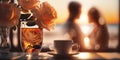romantic relaxing sunset beach cafe resort ,cup of coffee ,glass of wine,weet cake and flowers on table Royalty Free Stock Photo