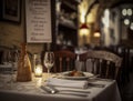 a romantic restaurant setting with a table for two, a pasta dish, wine glasses, and a menu board in the background, ai generative Royalty Free Stock Photo