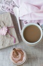 Romantic rich breakfast: oatmeal with berry yogurt and cinnamon, coffee with milk and vintage notebook for records Royalty Free Stock Photo