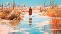 Romantic Riverscape Style Digital Painting Of A Girl Walking Through A Desert