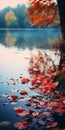 Romantic Riverscapes: Vibrant Autumn Leaves Floating Over Water Royalty Free Stock Photo