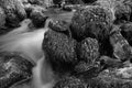 Romantic rivulet or river with water falling down ofer round stones