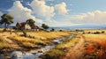 Romantic Road And Fields: A Hyper-detailed Neogeo Painting