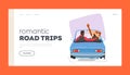 Romantic Road Trip Landing Page Template. Couple Traveling By Car, Feel Freedom, Adventure, And Excitement Royalty Free Stock Photo