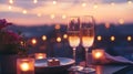 A romantic rooftop dinner with a ring box placed between two champagne Royalty Free Stock Photo