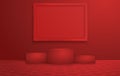 Romantic room with red wall, floor with hearts pattern, pedestal and frame, interior of empty living room, vector