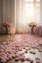 Romantic room with rose flowers and candles on wooden floor, interior design. Generative AI Royalty Free Stock Photo