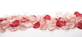 Romantic rose petals on white background. Flat lay, top view, copy space Royalty Free Stock Photo