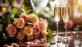 Romantic roses and champagne glasses, perfect pair