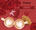 Romantic roses love two coffee cups on red hearts background Royalty Free Stock Photo