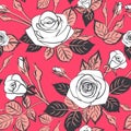 Romantic roses seamless pattern with leafs buds and blossom on wallpaper background, repeatable no sew gap illustration