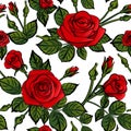 Romantic roses seamless pattern with leafs buds and blossom on wallpaper background, repeatable no sew gap illustration