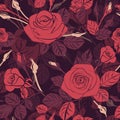 Romantic roses seamless pattern with leafs buds and blossom on wallpaper background, repeatable no sew gap illustration