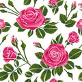 Romantic roses seamless pattern with leafs buds and blossom on wallpaper background, repeatable no sew gap illustration