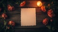 Romantic roses surround a blank note and candlelight Royalty Free Stock Photo