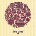 Romantic round background with teapot, cup, muffins, flowers. Curtain or tablecloth design.