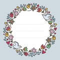 Romantic round frame with flowers, hearts, gifts and birds isola Royalty Free Stock Photo